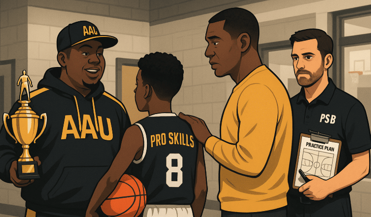 Youth basketball player and parent choosing between two AAU coaches, representing different team cultures.
